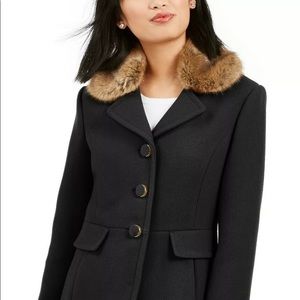 Pea Coat Faux Fur Trim Black 